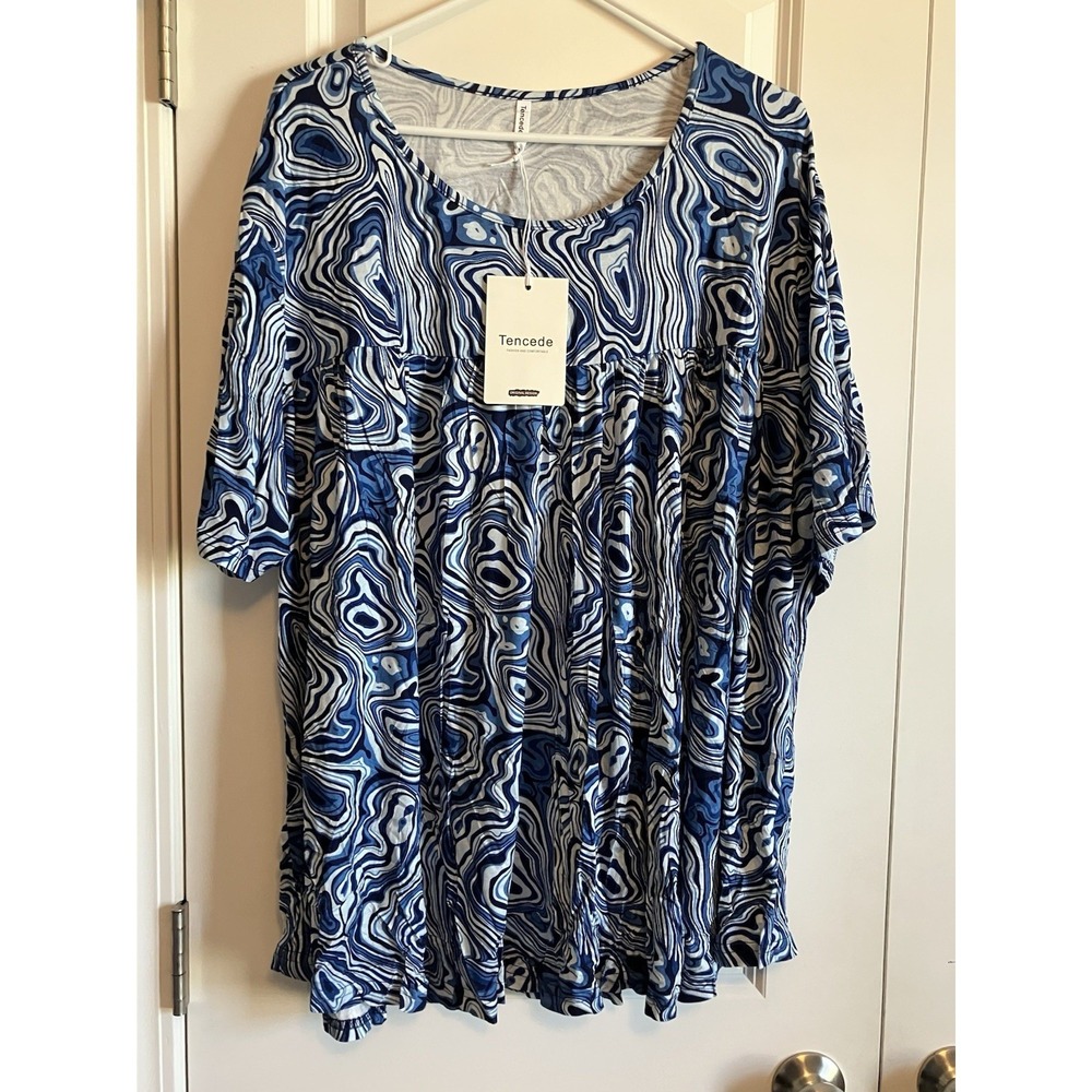 Tencede Plus Sz 5X Super Soft Blue Black Swirl Short Sleeve Swing Top C917